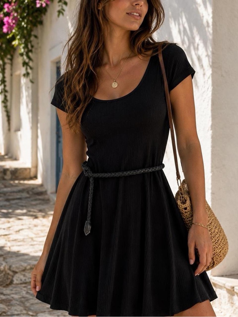 Forever 21 Black Ribbed Fit & Flare Belted Dress Size S NWT